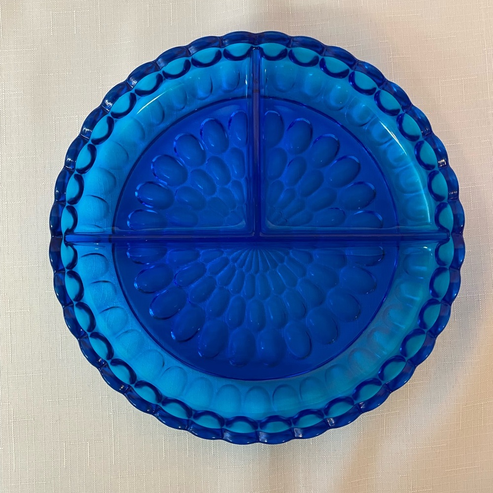 Fenton Art Glass Colonial Blue Thumbprint Divided Relish Dish Pre Logo 8.25"